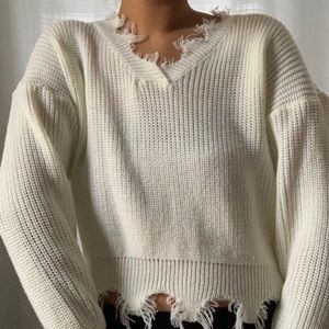 White/Cream Distressed Crop Sweater - Medium